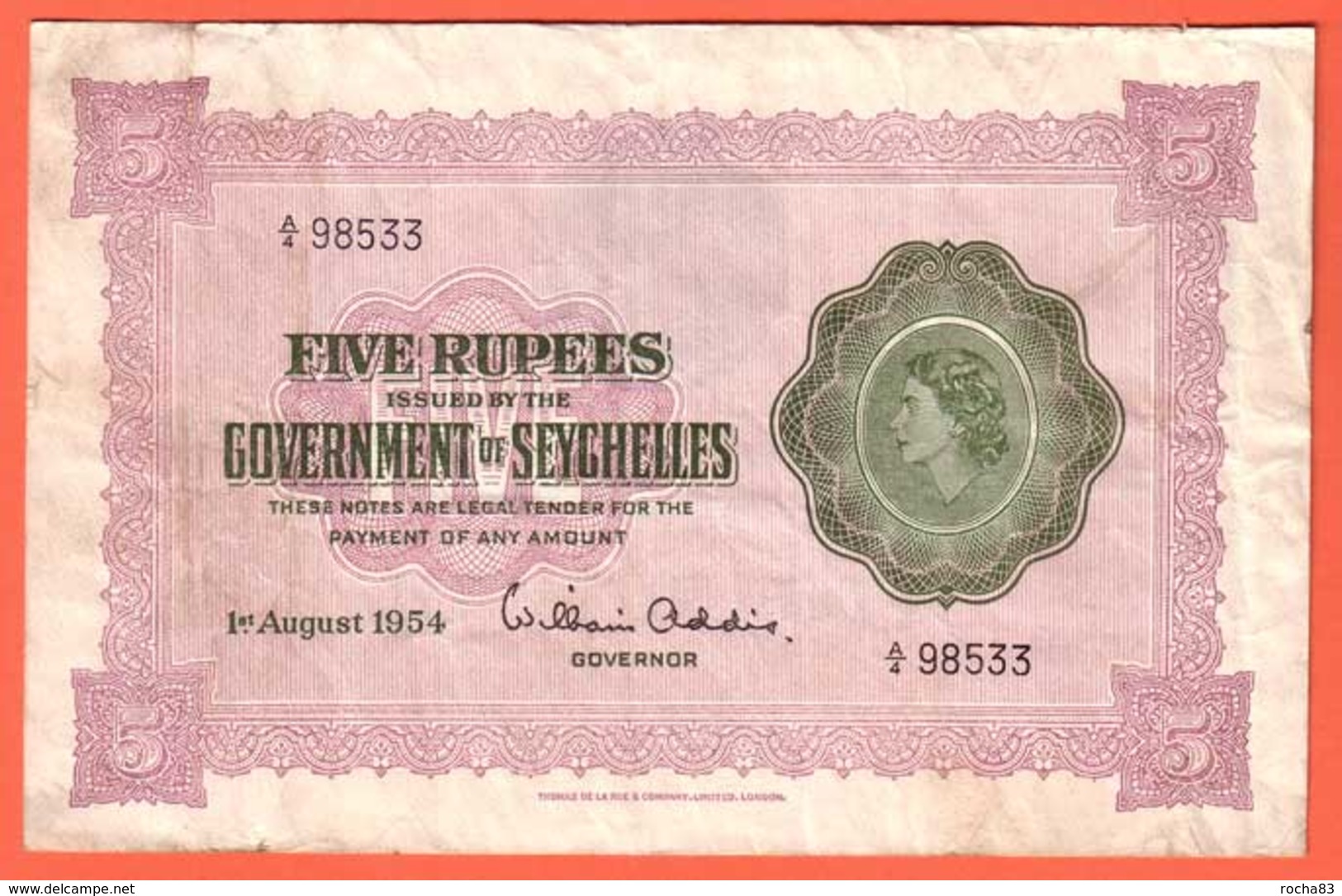 SEYCHELLES Billet  5 Rupees  01 08 1954 - Pick 11a - Seychellen