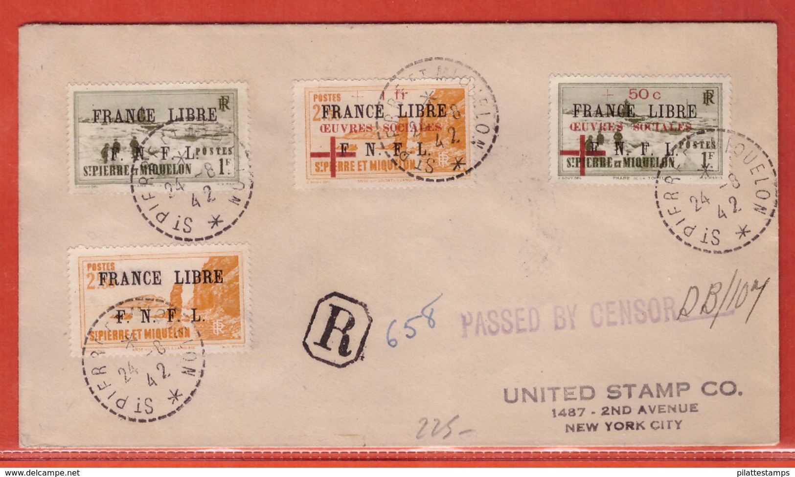 SAINT PIERRE & MIQUELON LETTRE FRANCE LIBRE RECOMMANDEE CENSUREE DE 1942 DE POUR NEW YORK - Brieven En Documenten