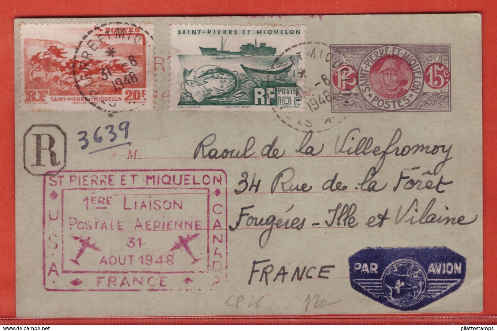 SAINT PIERRE & MIQUELON ENTIER POSTAL RECOMMANDE PREMIER VOL DE 1948 POUR FOUGERES FRANCE - Cartas & Documentos