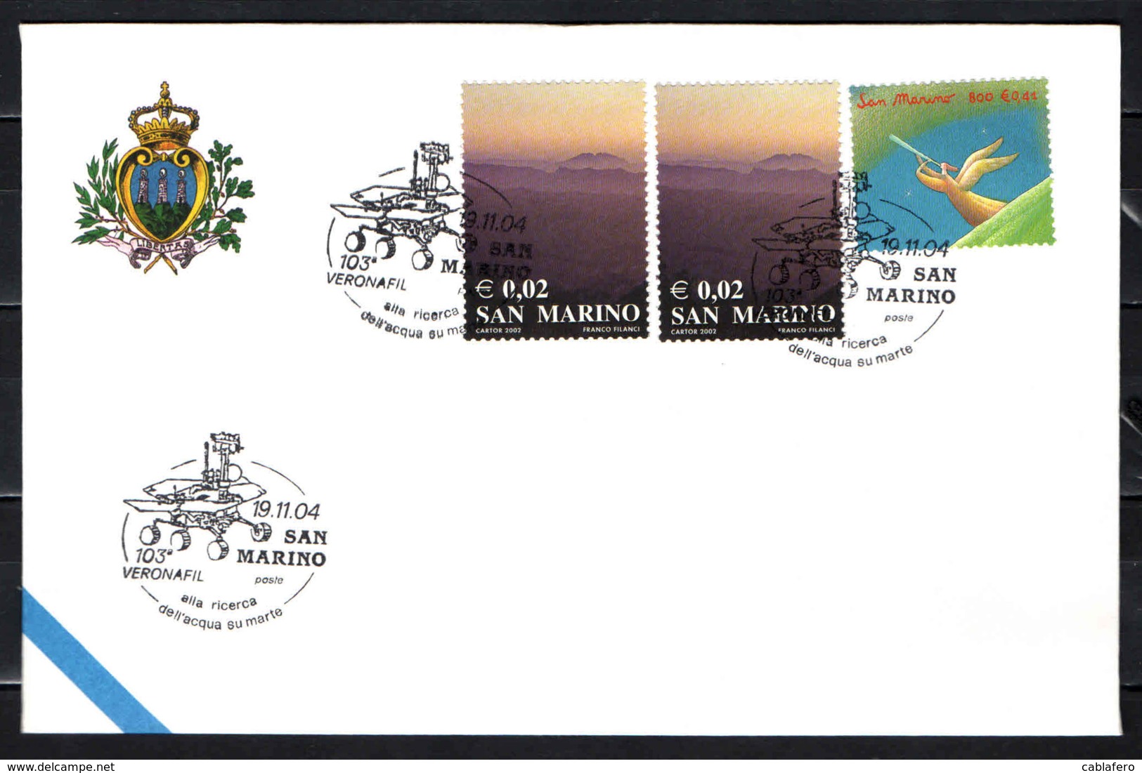 SAN MARINO - 19-11-2004 - RICERCA DELL'ACQUA SU MARTE - ANNULLO SPECIALE - OBLITERATION SPECIALE - SONDERSTEMPEL - Covers & Documents