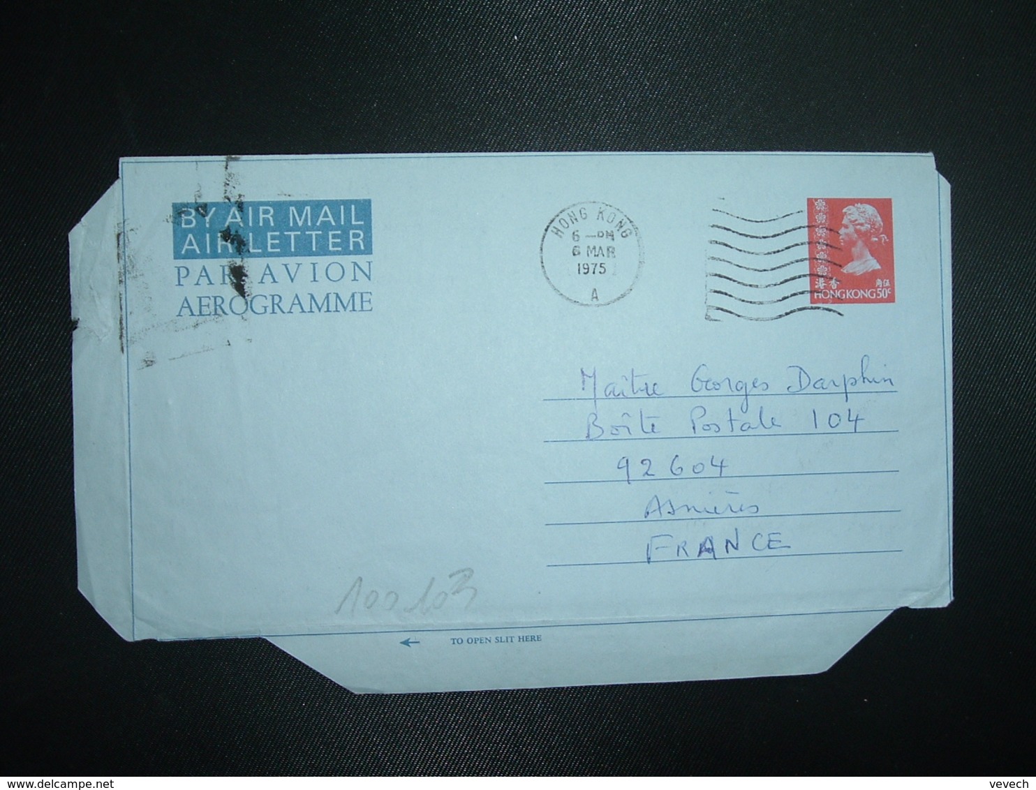 AEROGRAMME 50c OBL.MEC.6 MAR 1975 HONG KONG A - Interi Postali