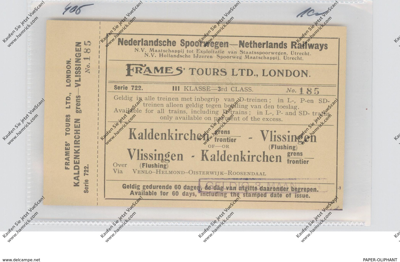 4054 NETTETAL - KALDENKIRCHEN, Eisenbahn-Fahrkarte Vlissingen Retour - Nettetal