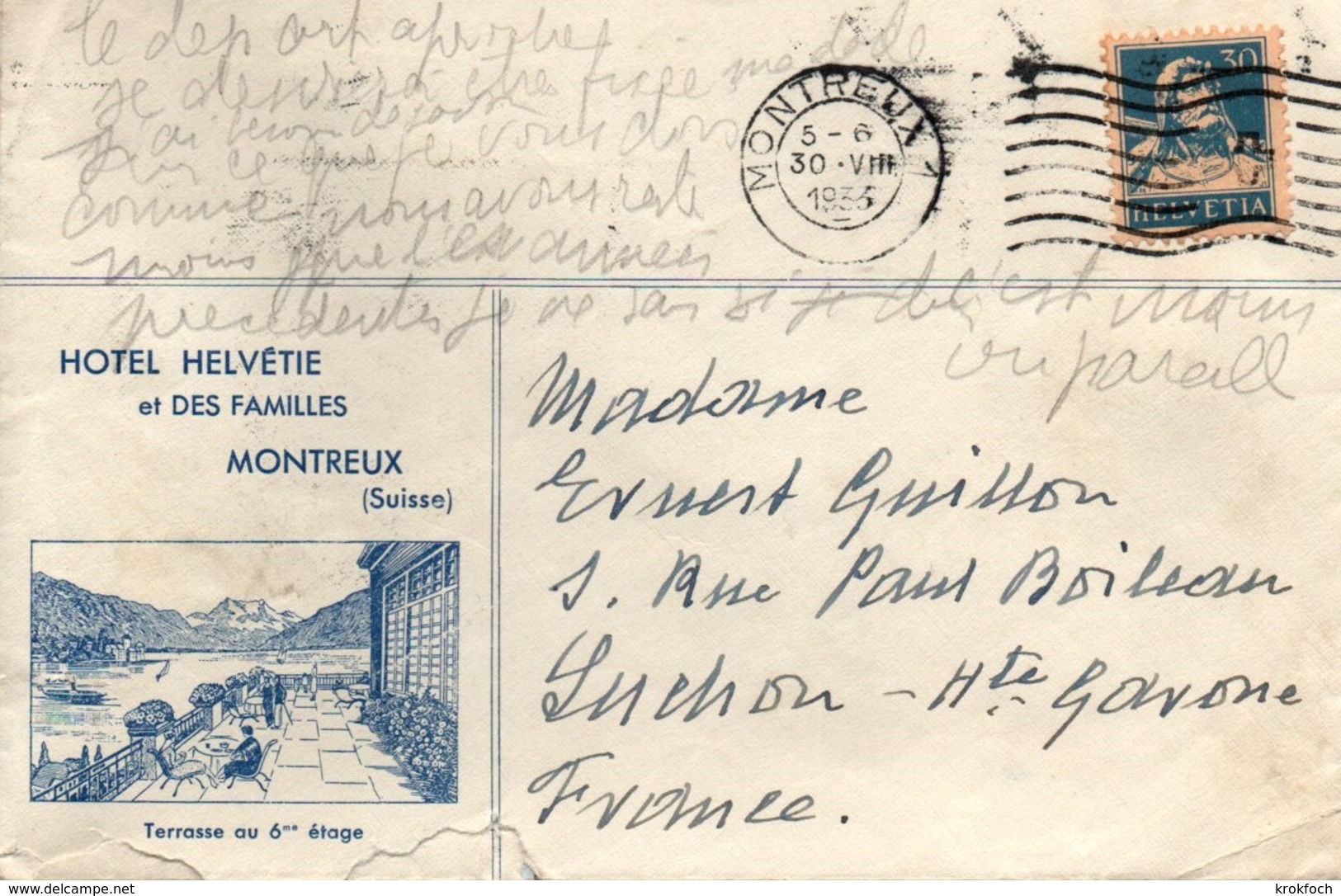 Montreux 1 1933 - Flamme Sur Enveloppe Publicitaire Hôtel Helvétie - Lettres & Documents