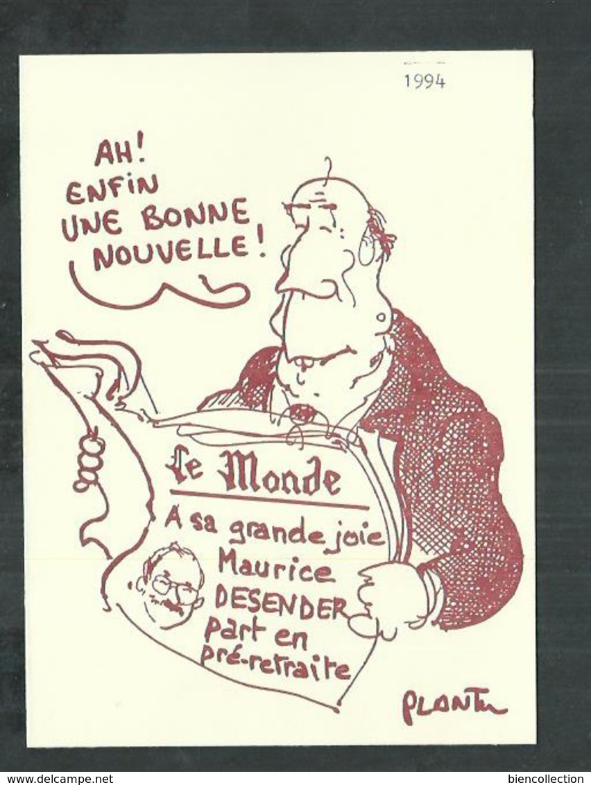 Carte Double De Plantu, Caricature De François Mitterand Avec Le Journal "Le Monde" - Plantu