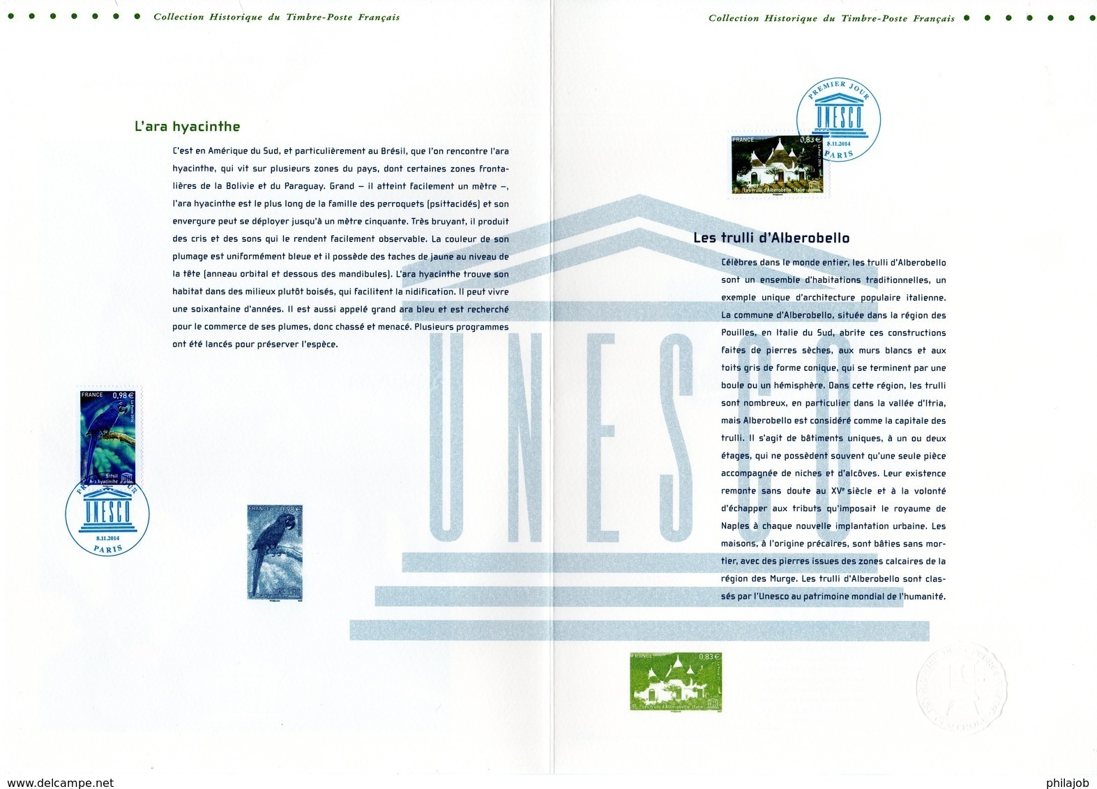 " UNESCO 2014 : BRESIL / ITALIE " Sur Doc. Philatélique Officiel 1°Jour De 4 Pages. N°YT SERV 161 162. Parf état. DPO - 2010-2019