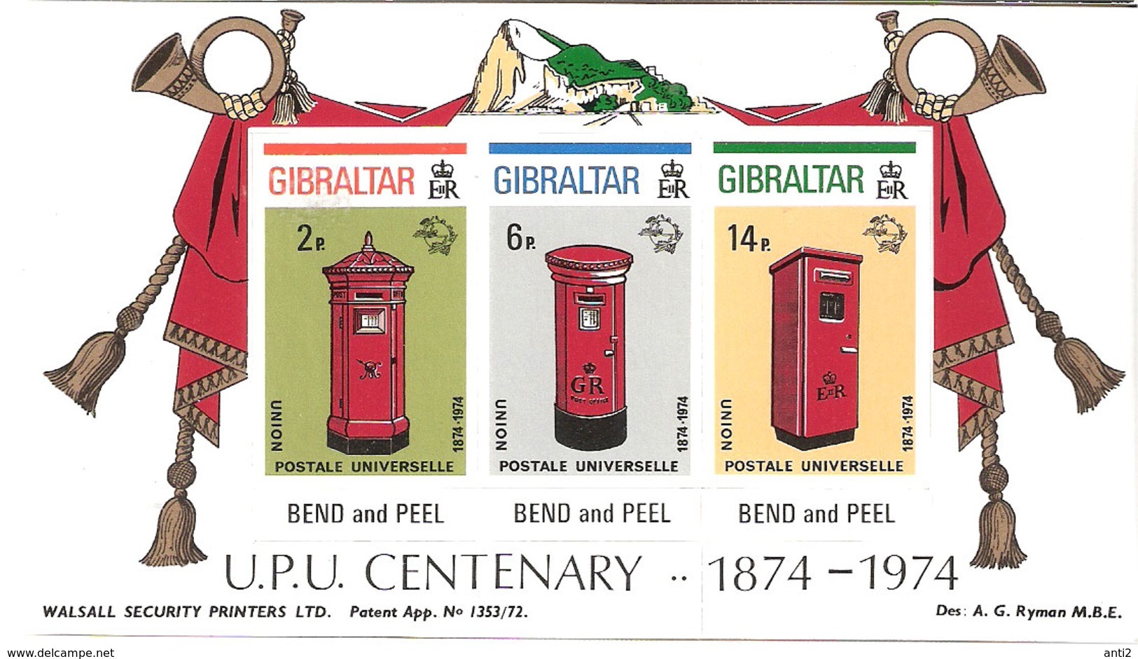 Gibraltar 1974 Letter Boxes,  Self-adhesive Stamps, Mi 310-312 B In Pane From Booklet, MNH(**) - Gibraltar