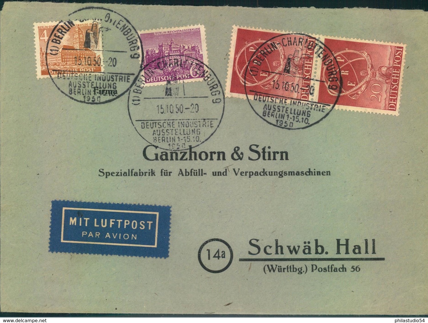 1950, Luftpostbrief Mit 2-mal 20 Pfg. ERP Mit Ortswerbestempel BERLIN-CHARLOTTENBURG - Autres & Non Classés