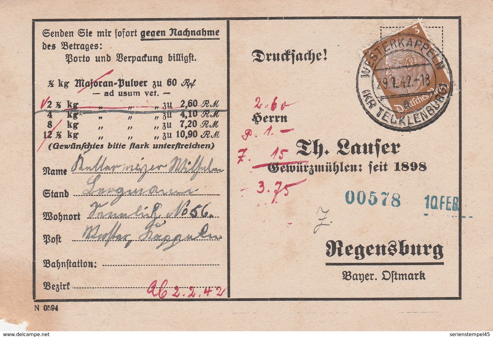 Deutsches Reich Karte Mit Tagesstempel Westerkappeln 1942 Kr Tecklenburg Lk Steinfurt - Briefe U. Dokumente