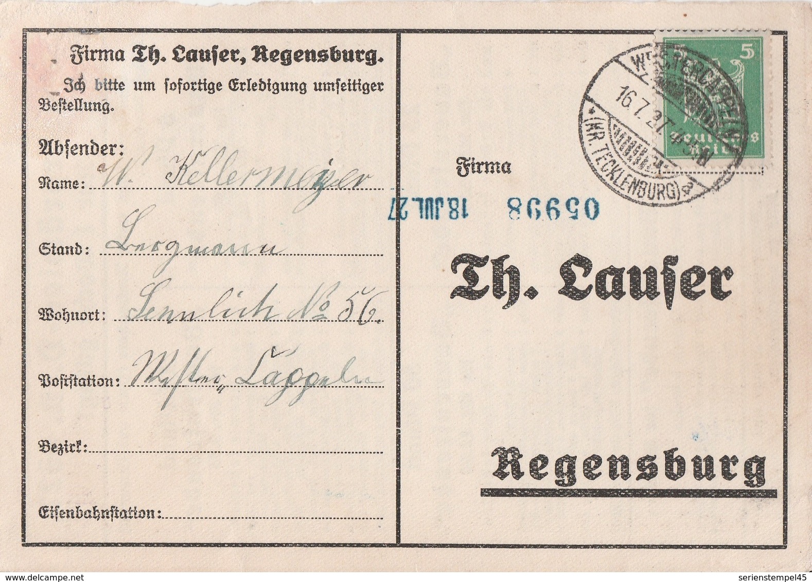 Deutsches Reich Karte Mit Tagesstempel Westercappeln 1927 Kr Tecklenburg Lk Steinfurt - Briefe U. Dokumente