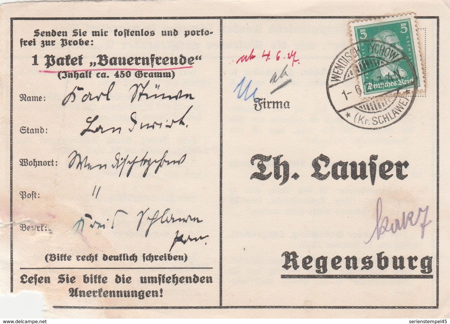 Deutsches Reich Karte Mit Tagesstempel Wendisch Tychow 1927 Kr Schlawe Pommern - Storia Postale