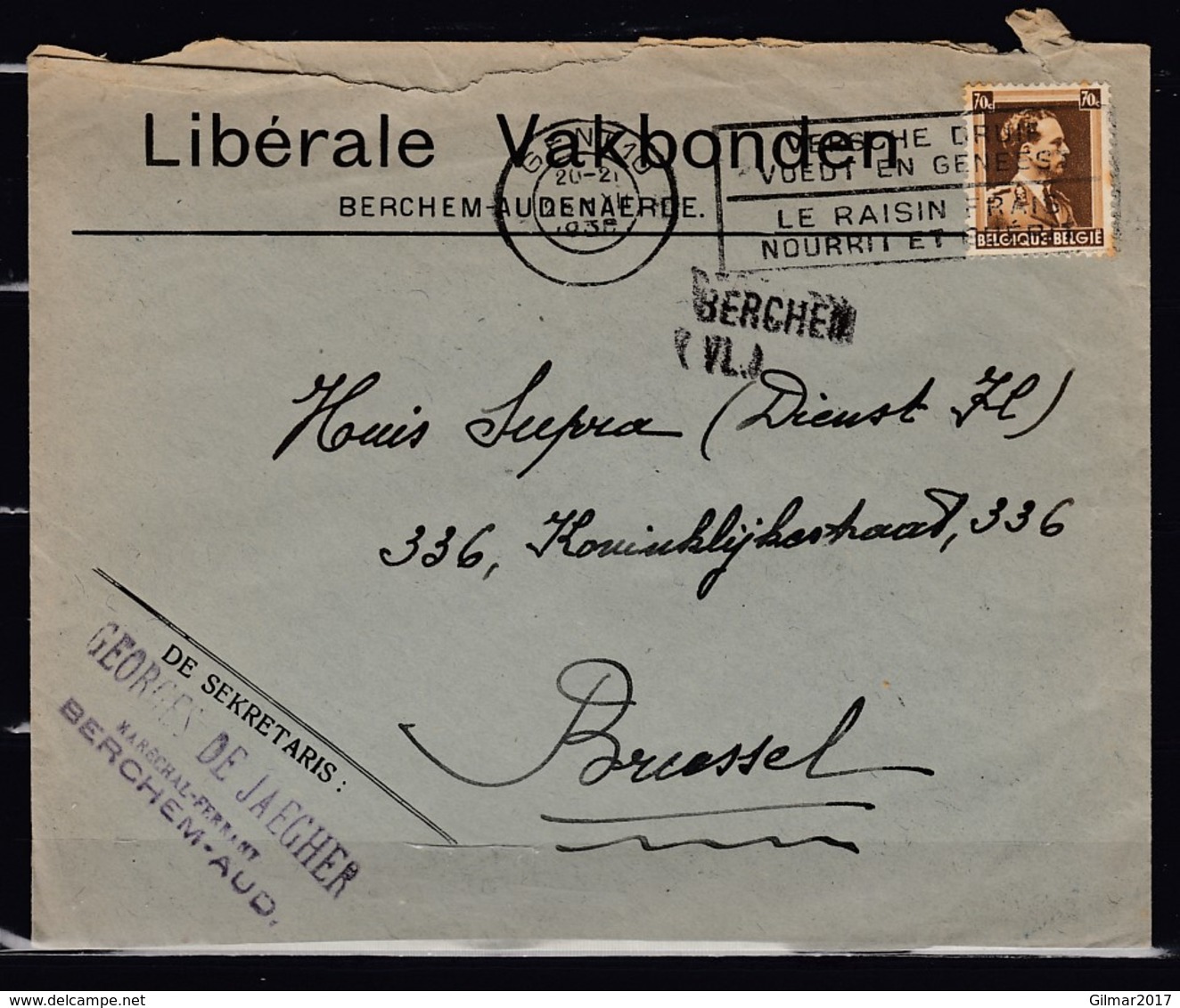 Brief Van Gent 10 Naar Brussel Met Langstempel Berchem (VL.) - Griffes Linéaires