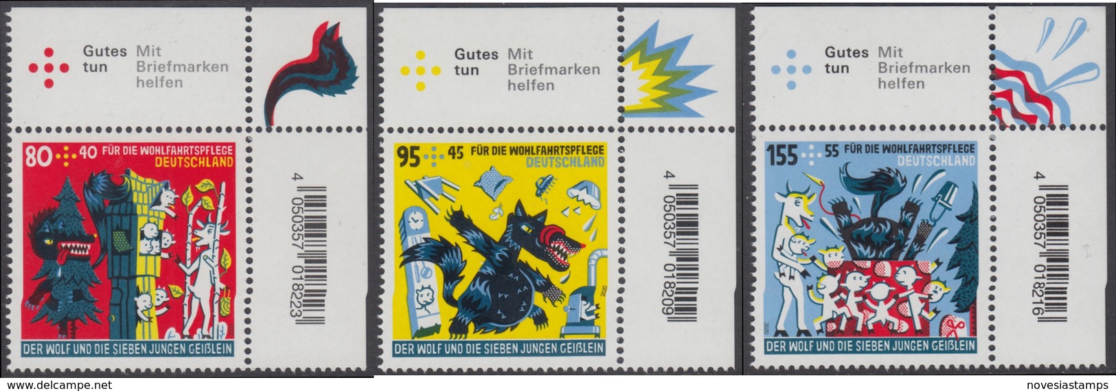 !a! GERMANY 2020 Mi. 3522-3524 MNH SET Of 3 SINGLES From Upper Right Corners - The Wolf And The 7 Little Goats - Unused Stamps