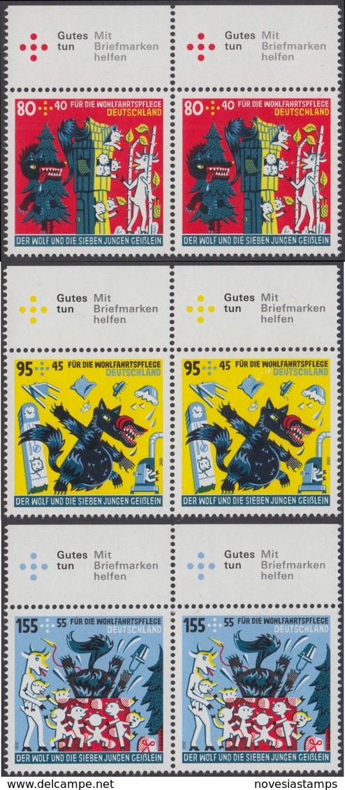 !a! GERMANY 2020 Mi. 3522-3524 MNH SET Of 3 Horiz.PAIRS W/ Top Margins - The Wolf And The 7 Little Goats - Ongebruikt