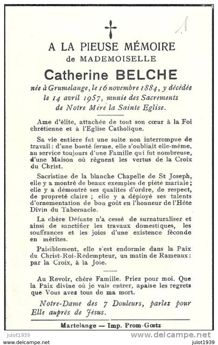 GRUMELANGE ..-- Mademoiselle Catherine  BELCHE , Née En 1884 , Décédée En 1957 à GRUMELANGE . - Martelange