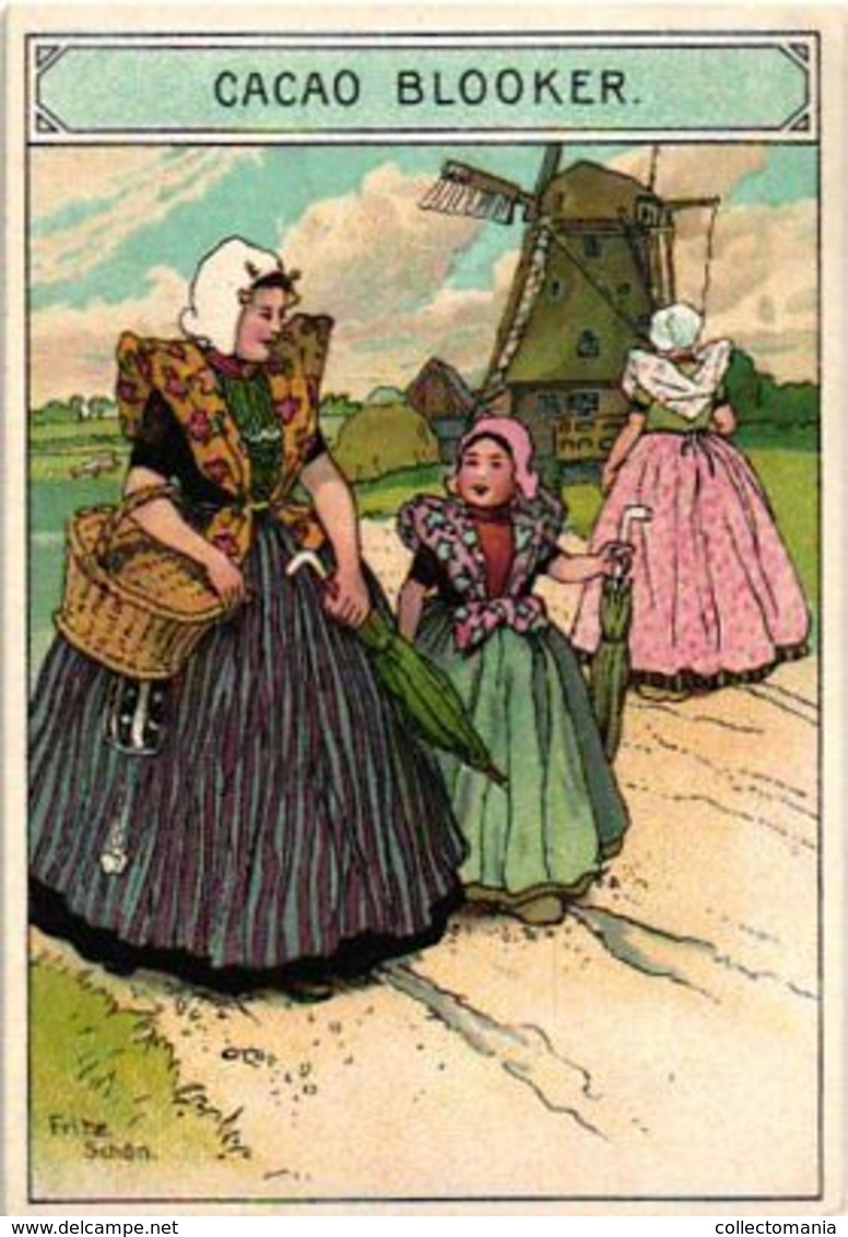 5 Trade Cards C1890 Lltho BLOOKER Chocolat Company NETHERLANDS Cocoa, Illustrator FRITZ Schön LIFE In Holland - Collezioni