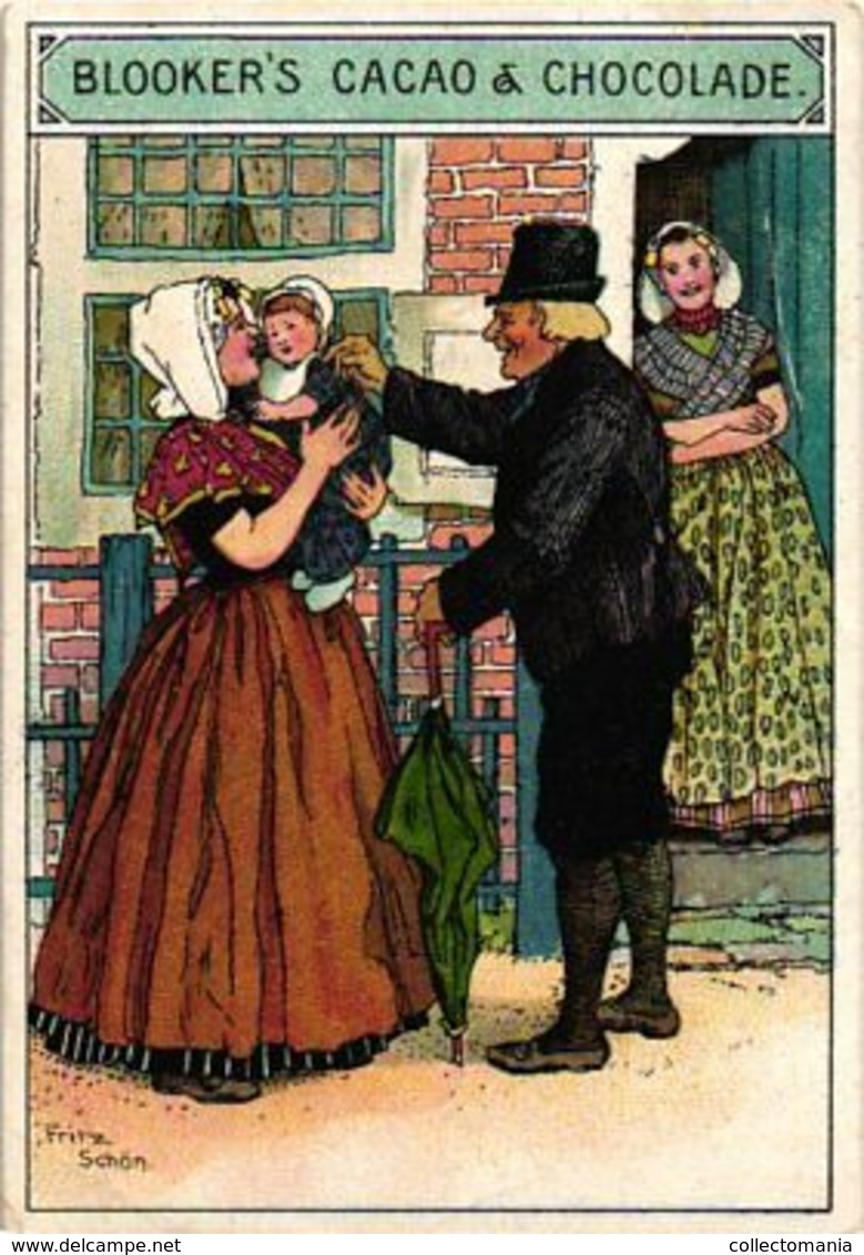 5 Trade Cards C1890 Lltho BLOOKER Chocolat Company NETHERLANDS Cocoa, Illustrator FRITZ Schön LIFE In Holland - Collections