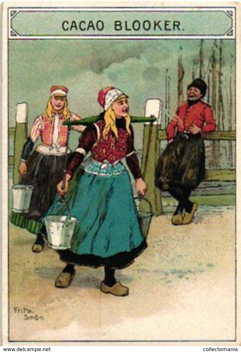 5 Trade Cards C1890 Lltho BLOOKER Chocolat Company NETHERLANDS Cocoa, Illustrator FRITZ Schön LIFE In Holland - Collections