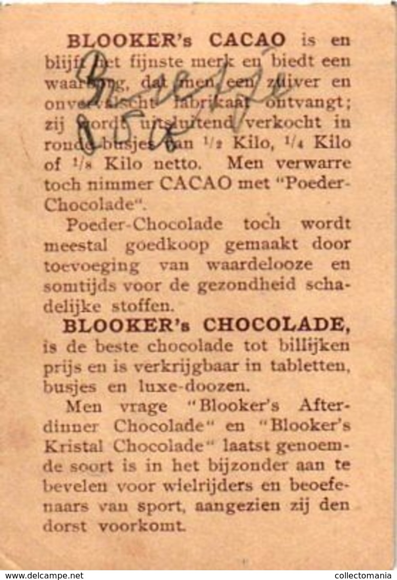 5 trade cards c1890 lltho BLOOKER chocolat Company NETHERLANDS cocoa, illustrator FRITZ Schön LIFE in Holland