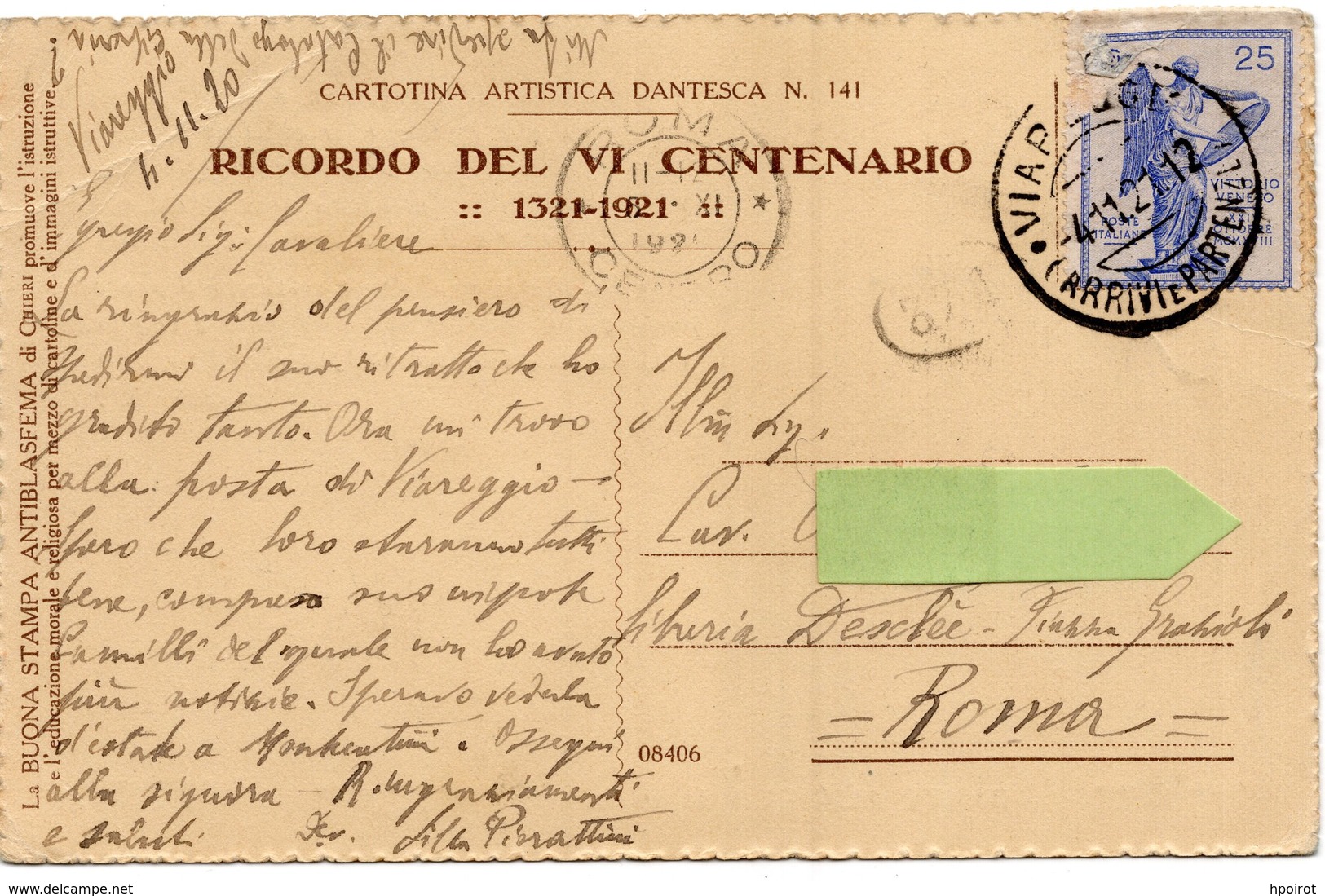DANTE IN ESILIO - RICORDO DEL VI CENTENARIO 1321-1921 - FORMATO PICCOLO - VIAGGIATA 1921 - (rif. V94) - Histoire