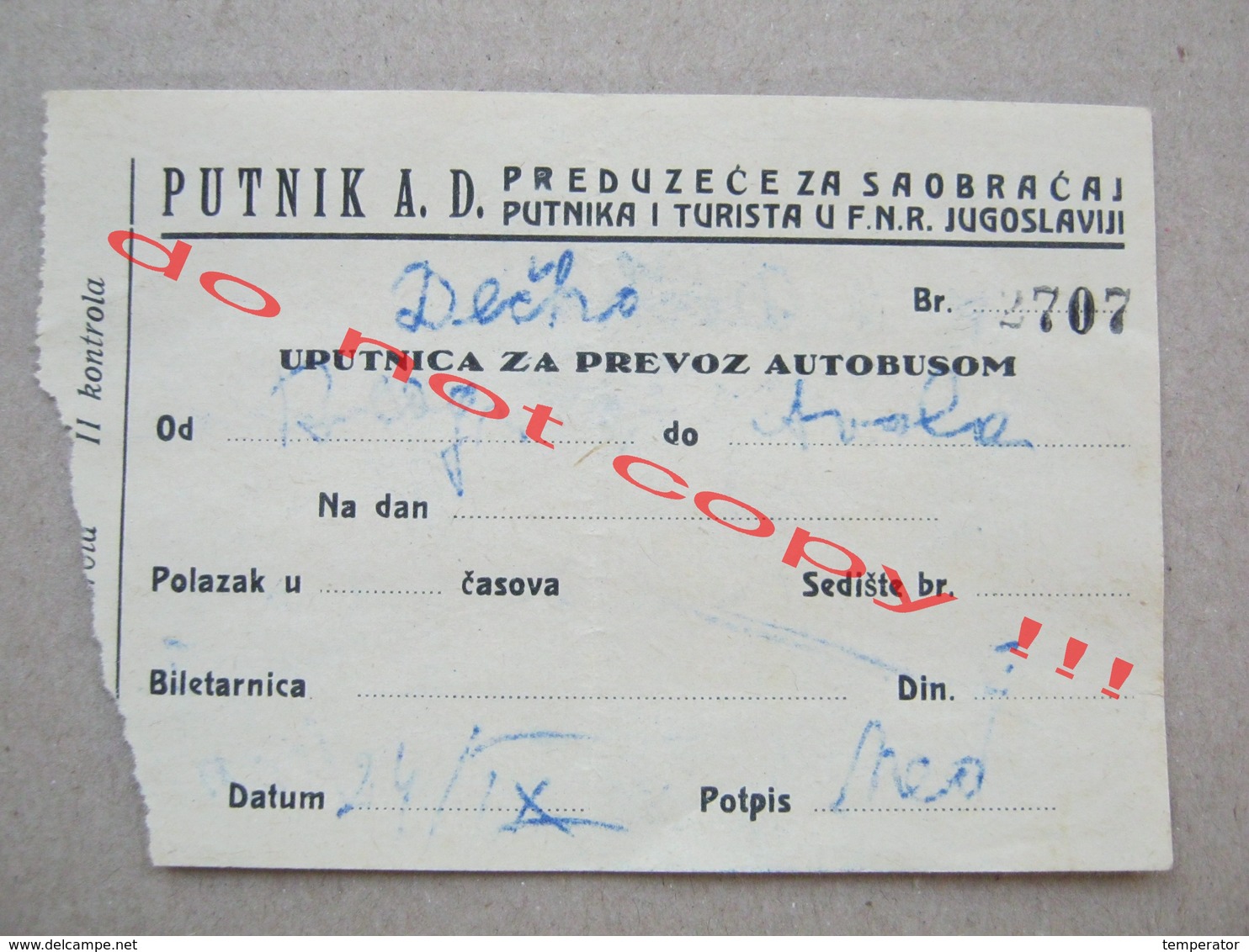 PUTNIK A.D. / FNRJ Yugoslavia - Bus Ticket - Europa