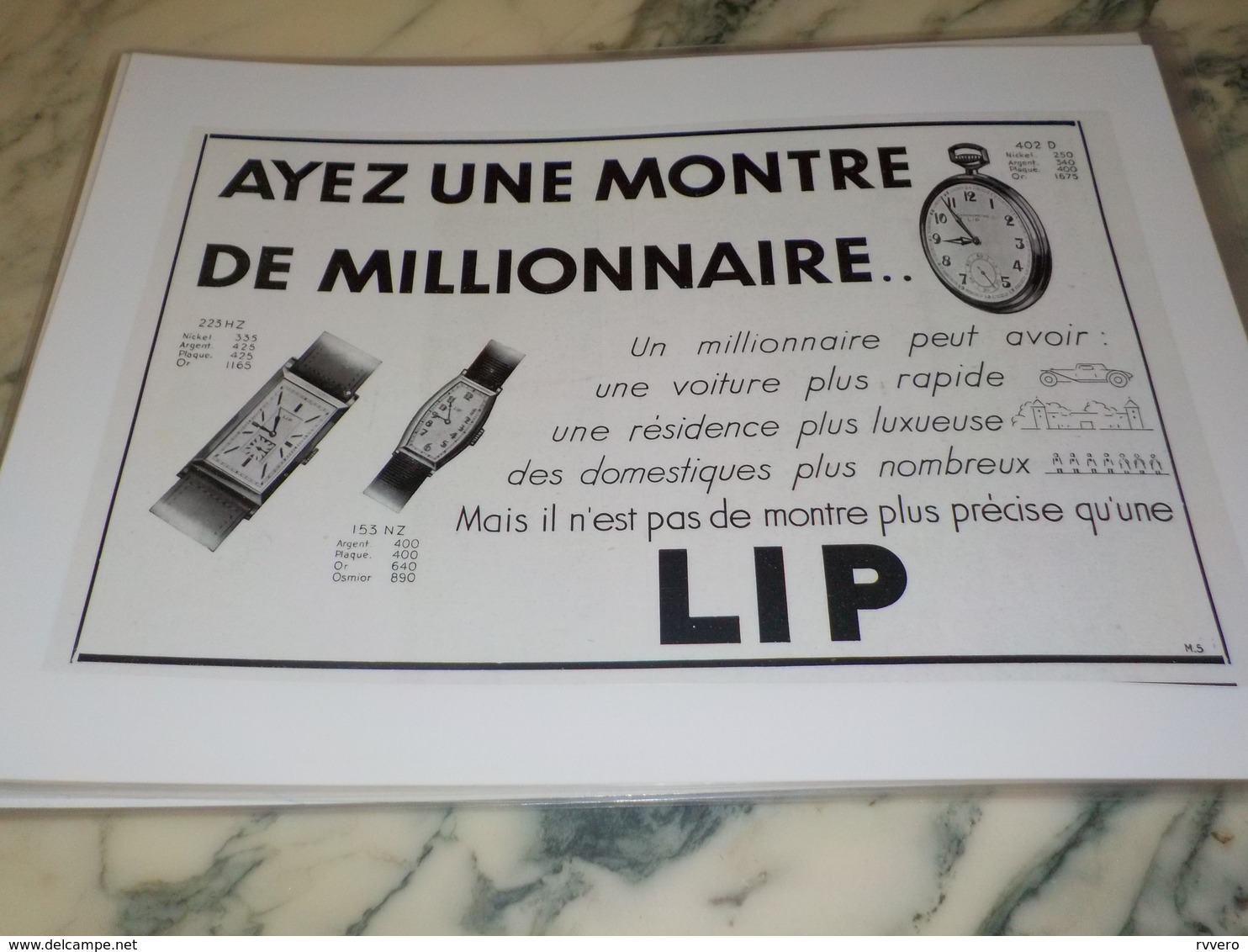 ANCIENNE  PUBLICITE MONTRE DE MILLIONNAIRE LIP 1931 - Autres & Non Classés