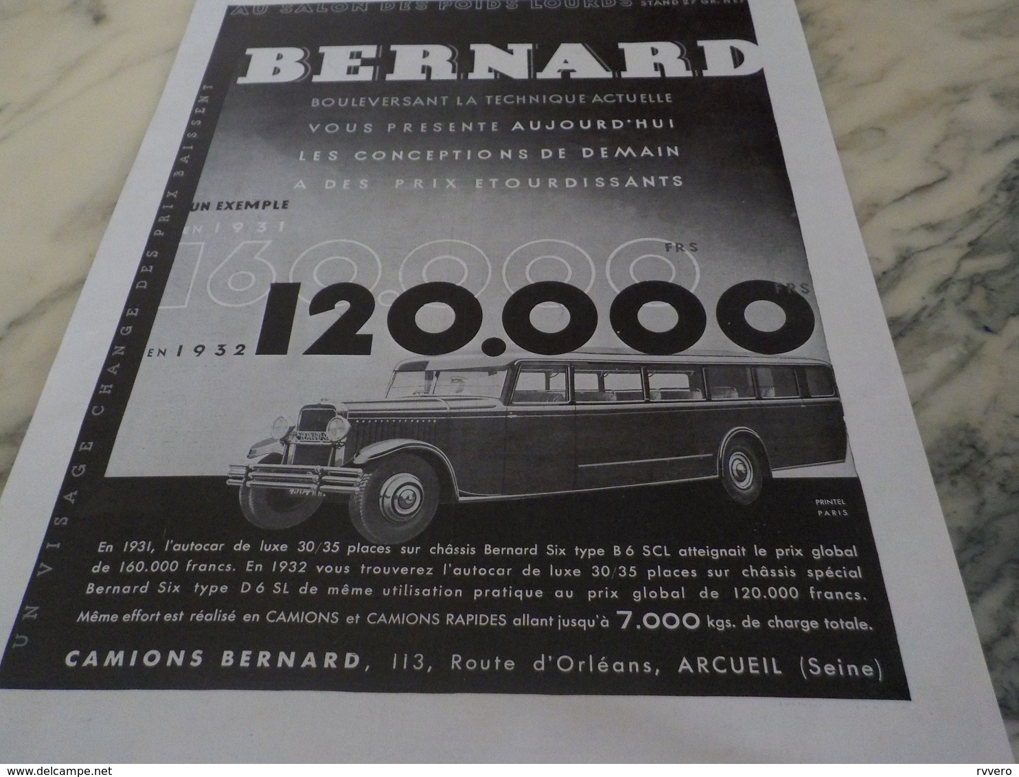 ANCIENNE PUBLICITE LE CAMION ET AUTOCAR BERNARD  1931 - Camions