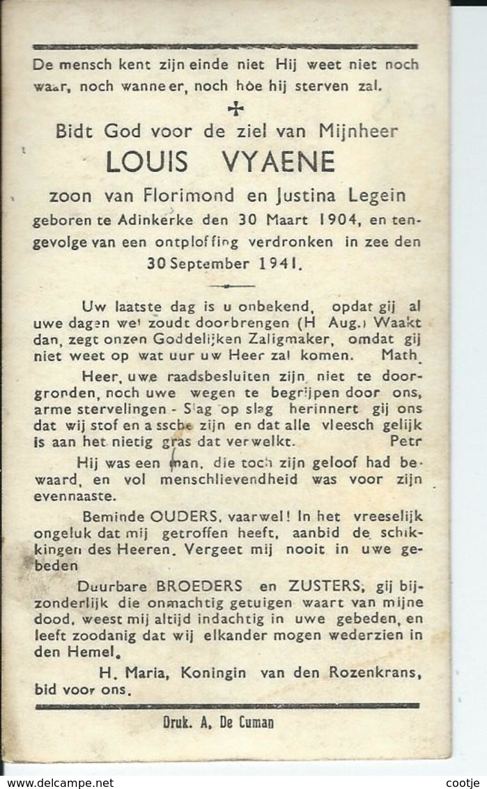 Louis Vyaene O Adinkerke 1904 + Op Zee Door Ontploffing 1941 - Images Religieuses