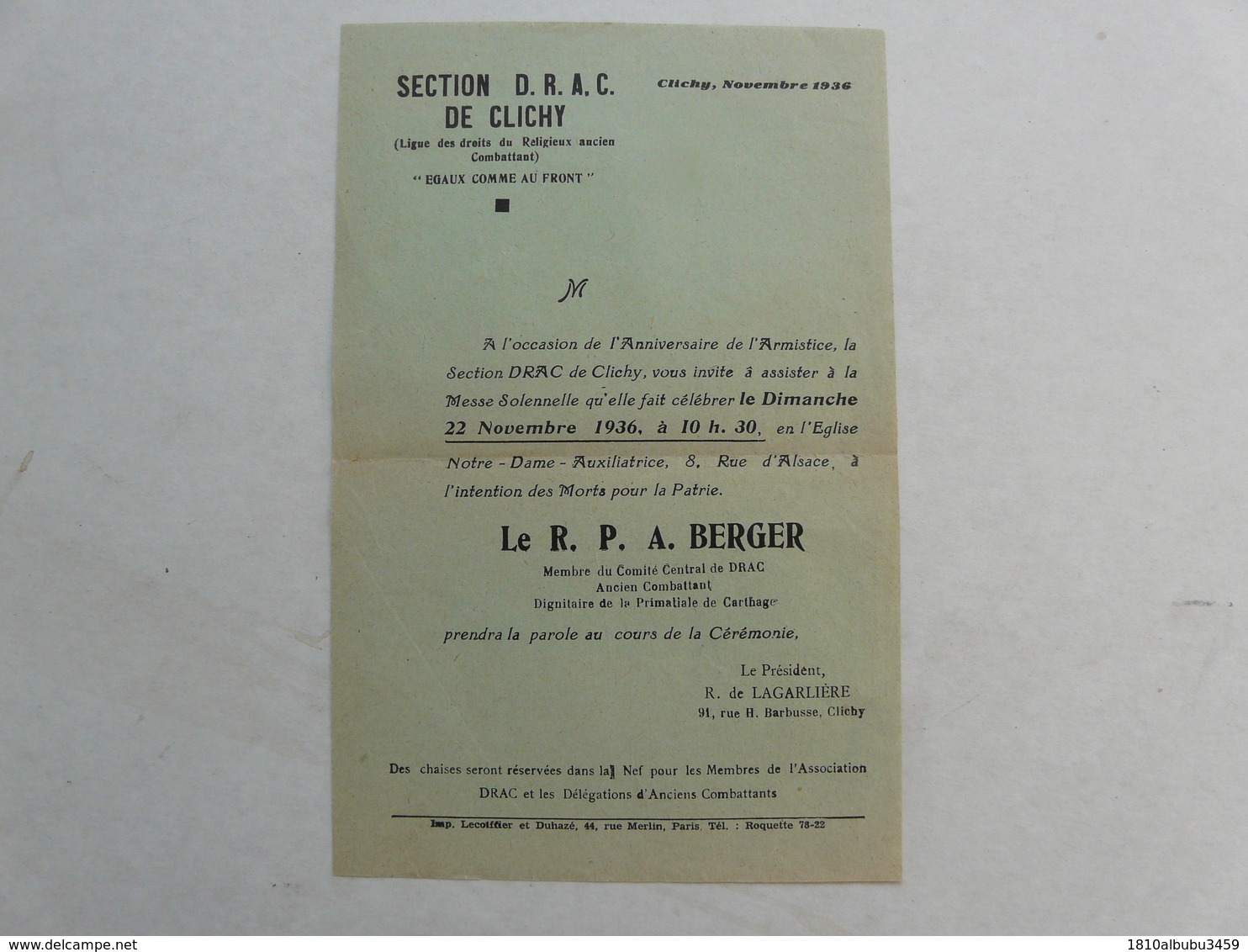 VIEUX PAPIERS - PROSPECTUS : Section D.R.A.C. De Clichy - Le R.P.A. BERGER - Documentos Históricos