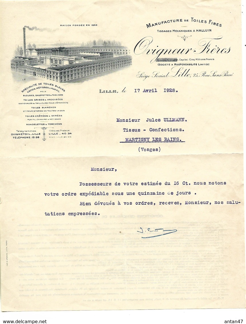 Facture 1928 / Photo Usine Cheminée / 59 LILLE-HALLUIN / OVIGNEUX Frères / Tissage, Manufacture De Toiles - 1900 – 1949
