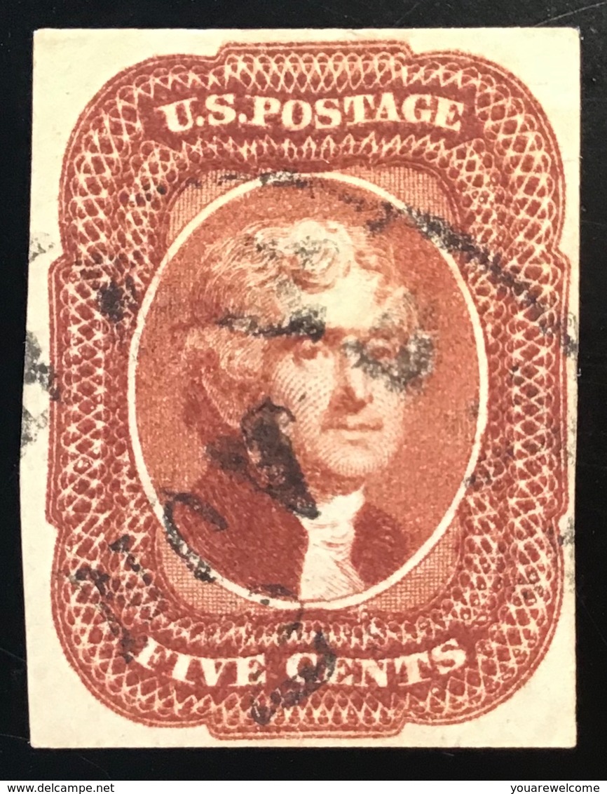 US Scott 12 VF Used, Yv. 6 = 1200€ TB, Signé J.F.BRUN. 1851-57 5c Red Brown On Piece   (USA État-Unis - Used Stamps