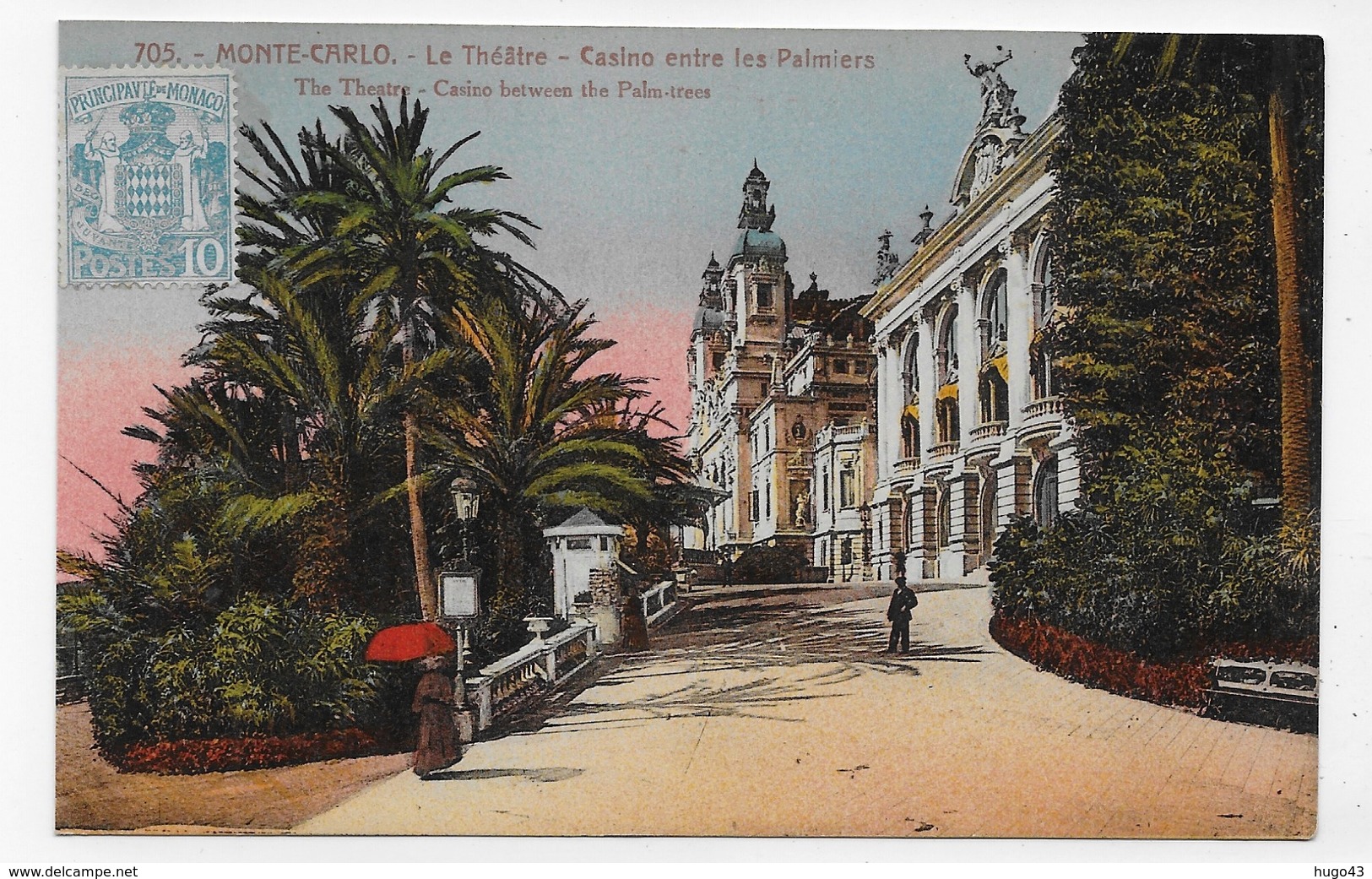 (RECTO / VERSO) MONTE CARLO - LE THEATRE - CASINO ENTRE LES PALMIERS - BEAU TIMBRE DE MONACO - CPA COULEUR - Opéra & Théâtre