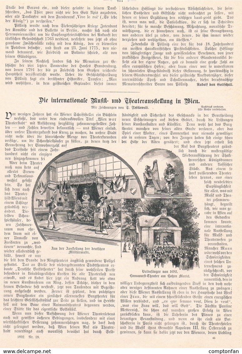 A102 411 - Wien Musik-/Theaterausstellung International Artikel Mit 8 Bildern 1892 !! - Musées & Expositions
