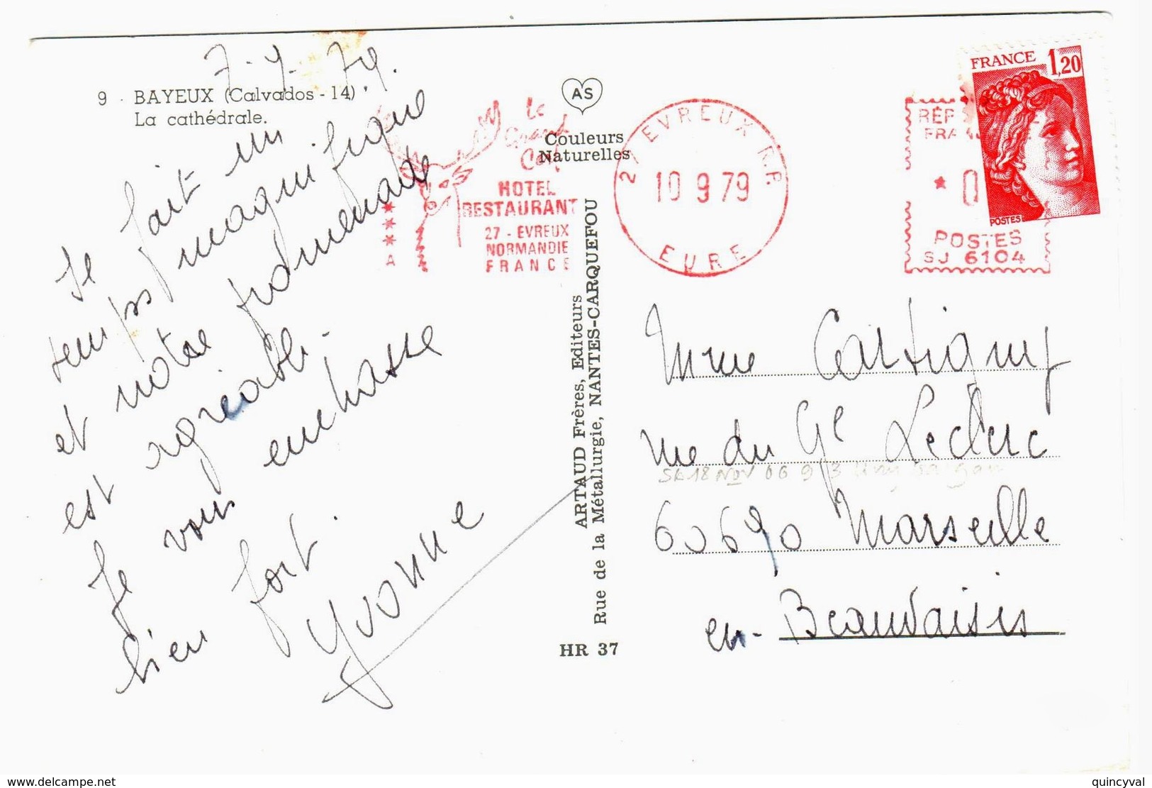 EVREUX RP Eure Carte Postale 1,20 F Sabine Rouge De Carnet Yv 1974 Ob 10 9 1979 EMA SJ6104 Hotel Le Grand CERF  Valeur 0 - Storia Postale