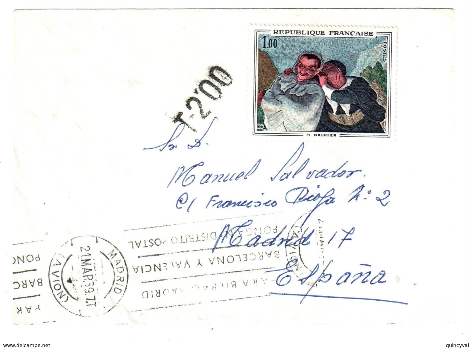 FAMECK Moselle 57 (adresse Au Verso) 1F Tableau Daumier Yv 1494 NON Oblitéré Dest MADRID Espagne Arrivé1977 TAXE - Lettres & Documents