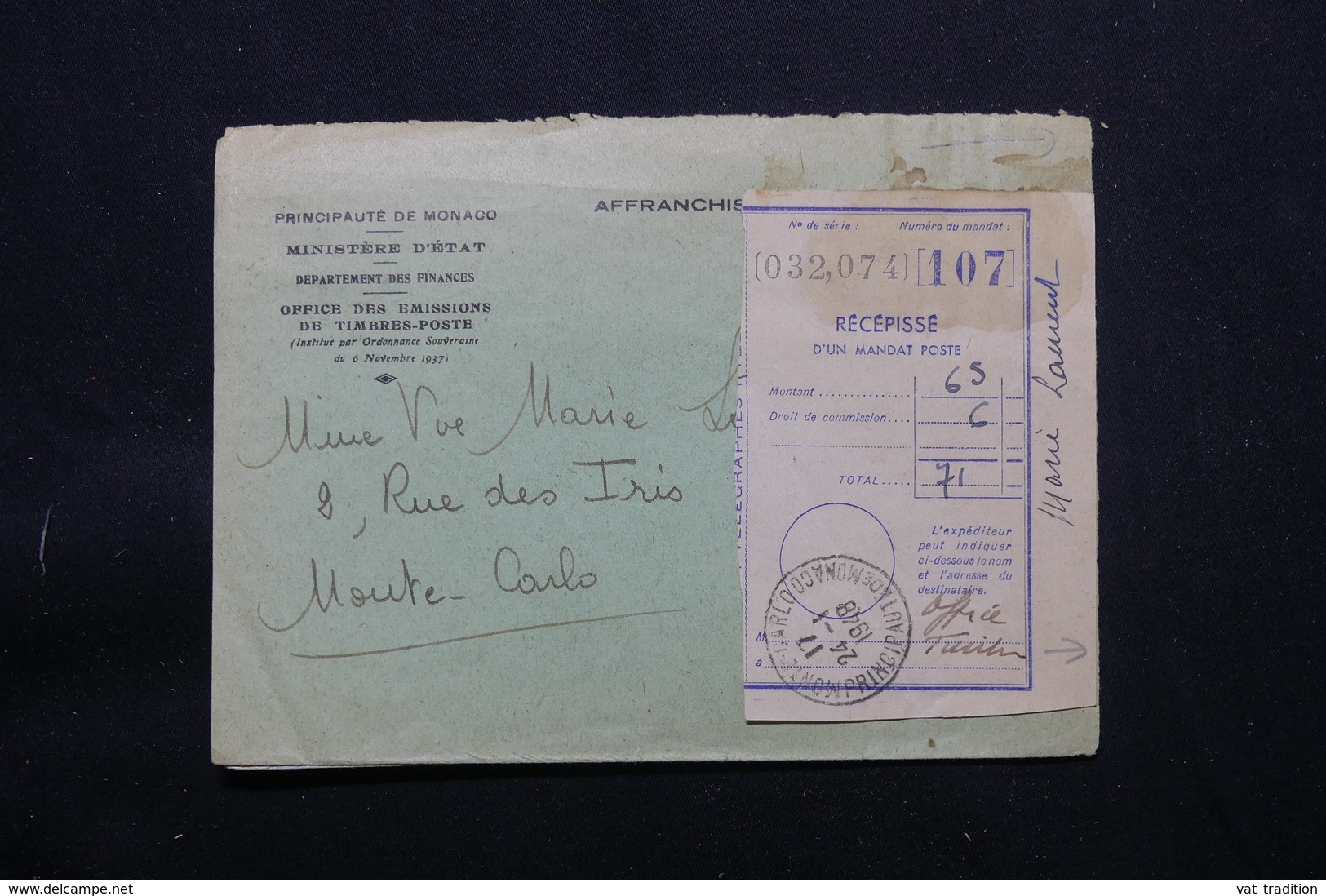 MONACO - Enveloppe Du Ministère D'Etat Pour Monte Carlo En 1948 Avec Récépissé De Mandat, Affr.. Au Verso - L 57683 - Covers & Documents