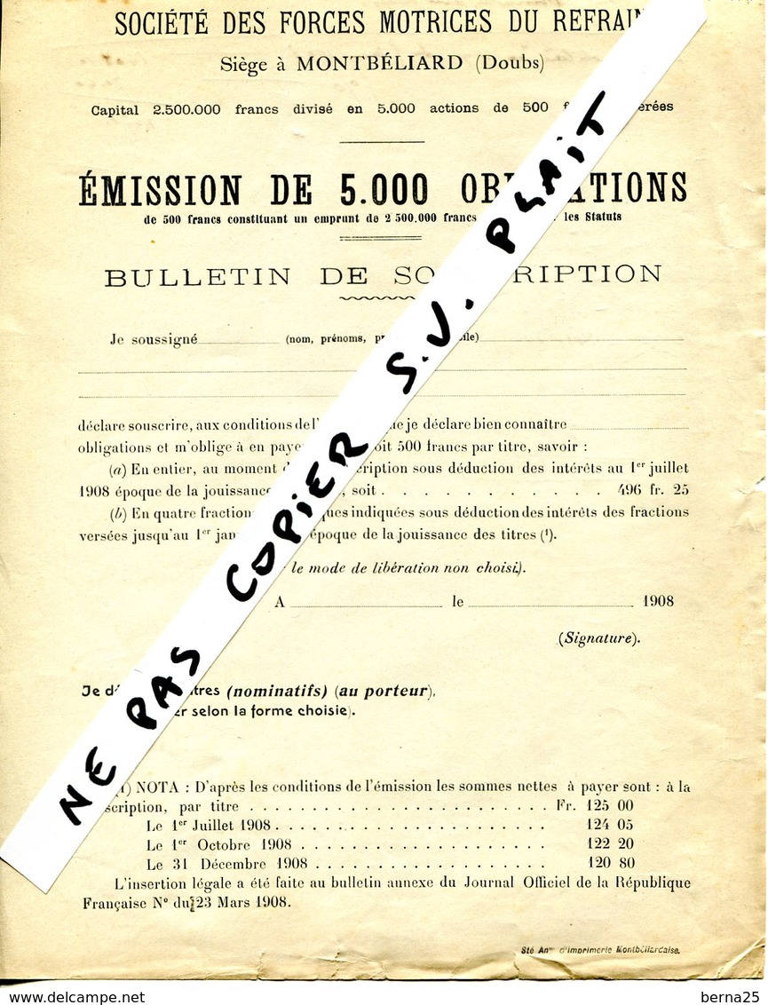 DOUBS CHARQUEMONT LE REFRAIN Emmission D'obligations 1908 ETAT - Autres & Non Classés