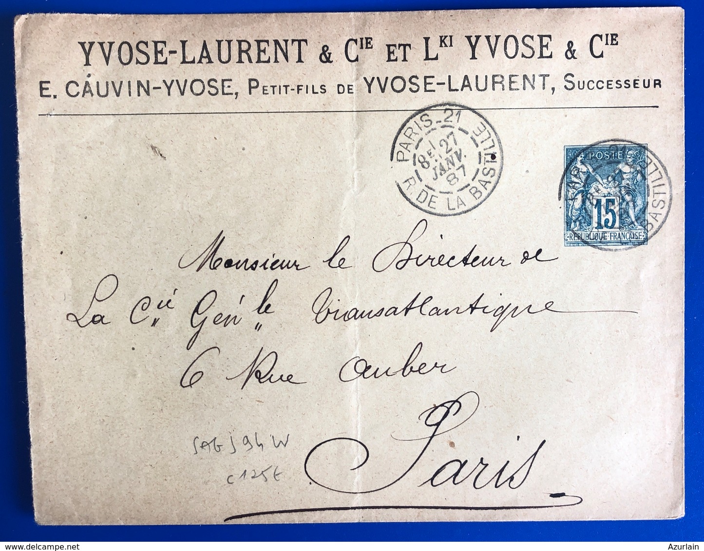 1887 ENTIER LETTRE Type Sage 15 Cts Cachets Jumelés Double Cercle PARIS - Standard Covers & Stamped On Demand (before 1995)