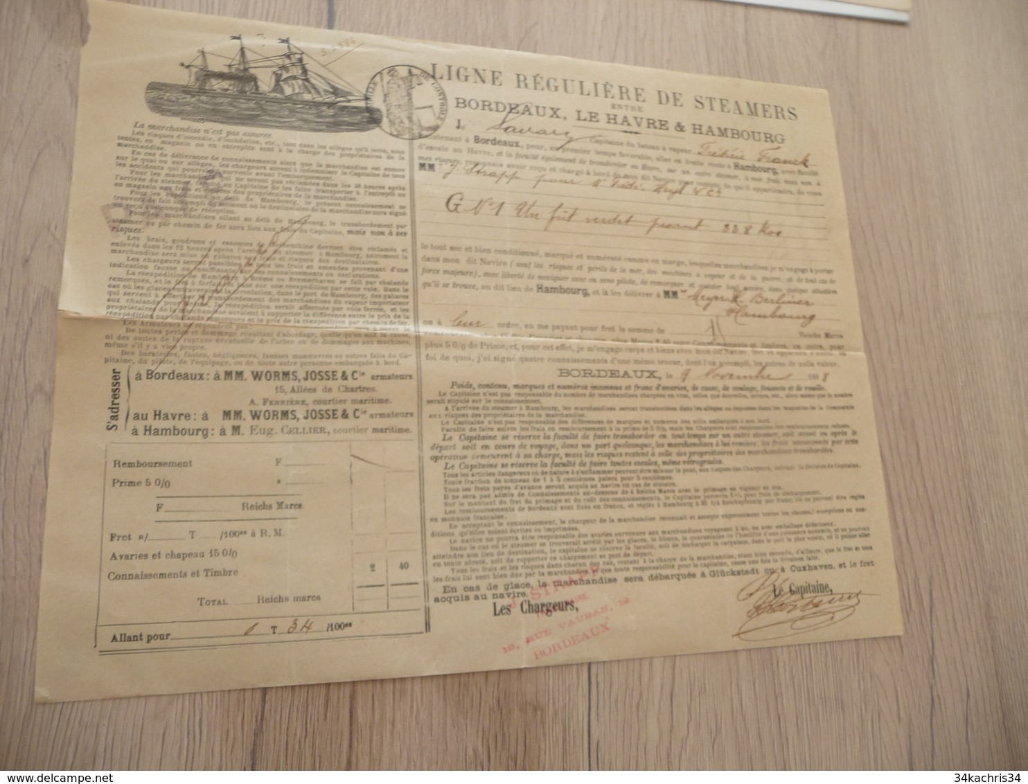 Connaissement  Ligne Steamers Bordeaux Le Havre Hambourg Verdet 1888 - Transporte