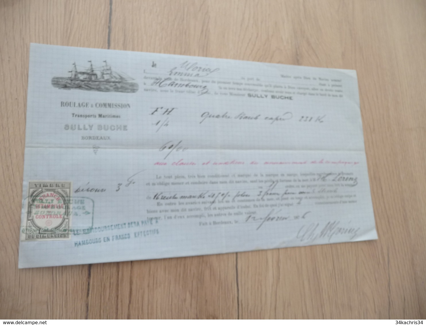 Connaissement Sully Buche Bordeaux 1876 Pour Hambourg Capres - Verkehr & Transport