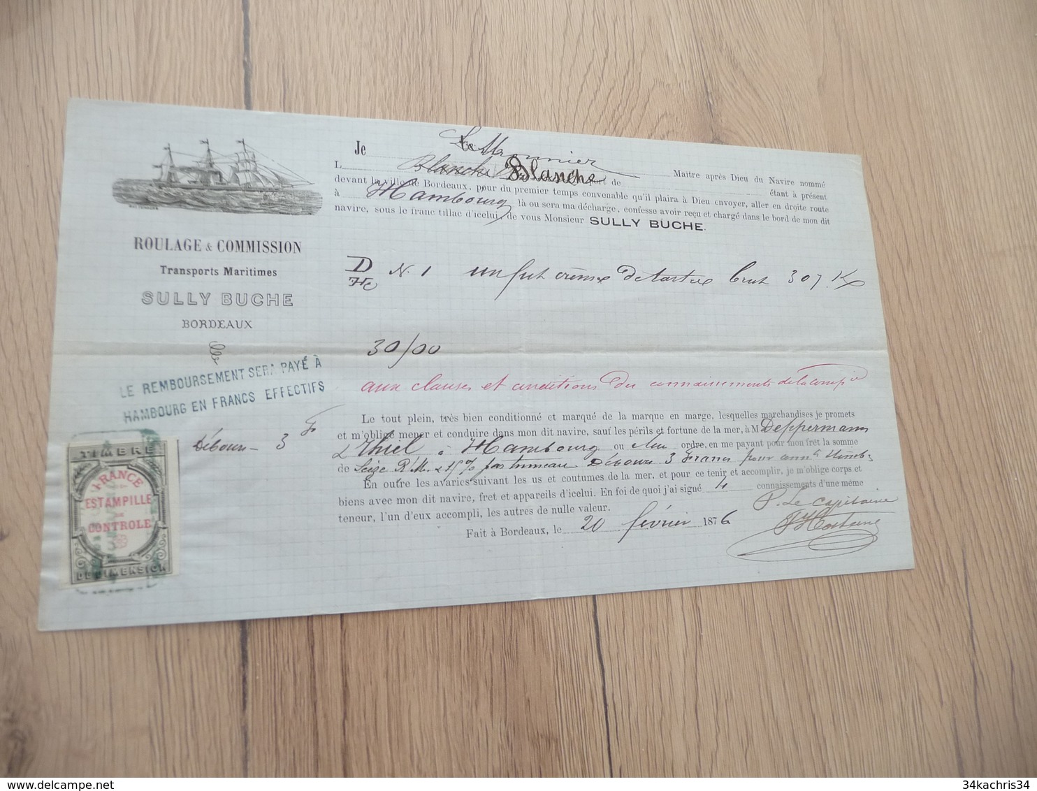 Connaissement Sully Buche Bordeaux 1876 Pour Hambourg Tartres - Verkehr & Transport