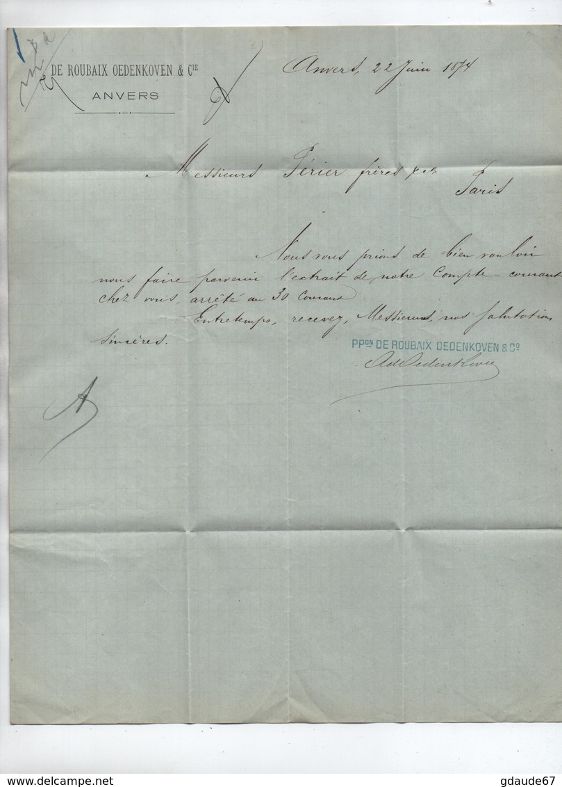 1874 - LETTRE D'ANVERS Avec CACHET AMBULANT "BELGIQUE AMB. LIL. CAL. B" - Bahnpoststempel