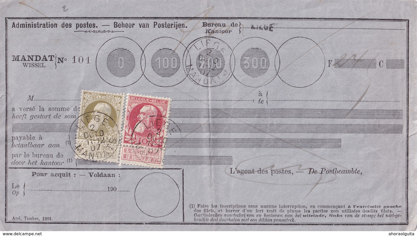 DDW 898  --  Mandat De Poste TP Grosse Barbe LIEGE MANDATS 1907 + Griffe LIEGE -  PIECE RARISSIME - Folletos De La Oficina De Correos