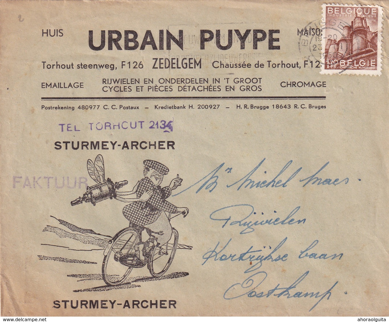 DDW 902  --  BELGIQUE VELOS - Lettre Illustrée Freins Sturmey Archer , Urbain Puype à ZEDELGEM - TP Export 1950 - Wielrennen