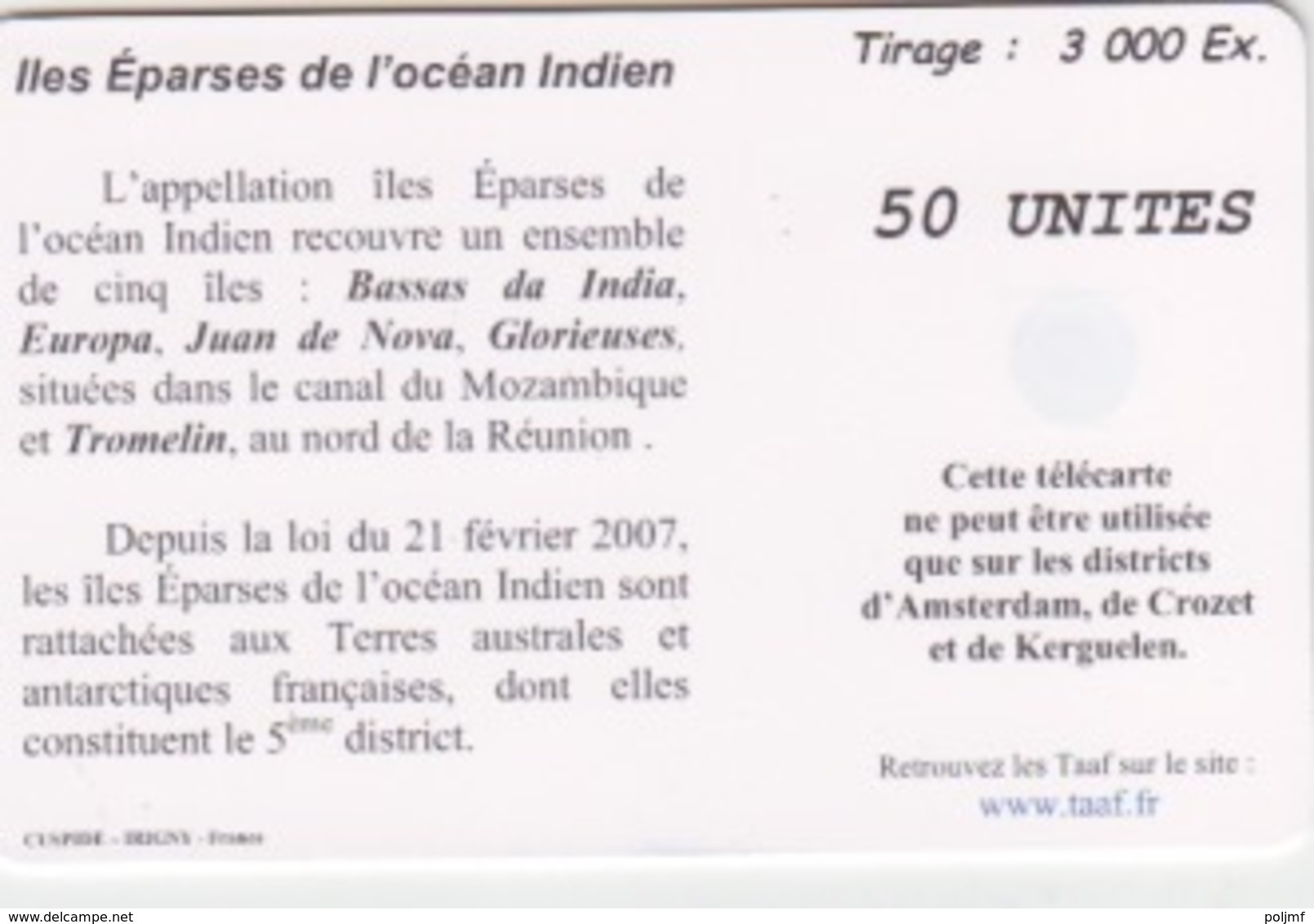 Télécarte 50U, Tirage 3000, Îles Eparses De L'Océan Indien 2007 (Tortue, Différentes îles) - TAAF - Territori Francesi Meridionali