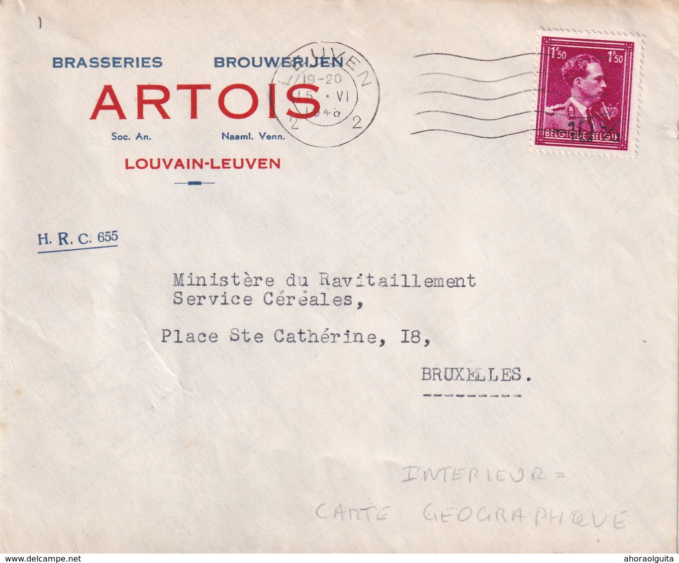 DDW 904  --  BELGIQUE BRASSERIES ARTOIS - Enveloppe ( Faite Avec Carte Militaire) TP Moins 10 %LEUVEN 1946 - Beers