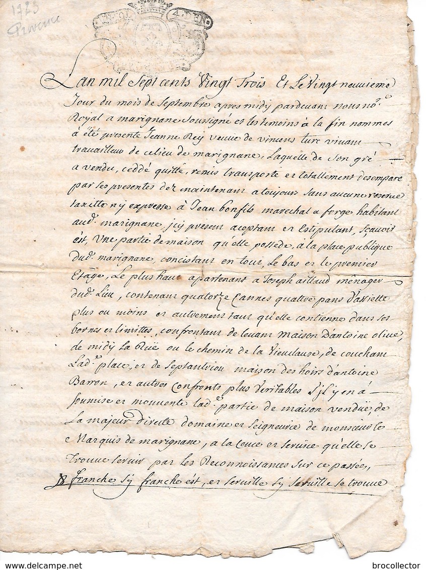 MARIGNANE ( 13 ) - Acte De 1723 Cachet De Provence De 1 Sol Et 4 Deniers - Cachets Généralité