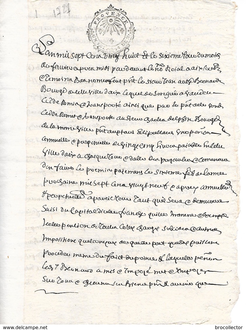 AIX  ( 13 ) - Acte De 1728 - Cachet De Provence De Un Sol Et 4 Deniers - Cachets Généralité