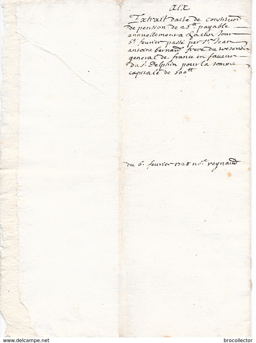 AIX  ( 13 ) - Acte De 1728 - Cachet De Provence De Un Sol Et 4 Deniers - Cachets Généralité
