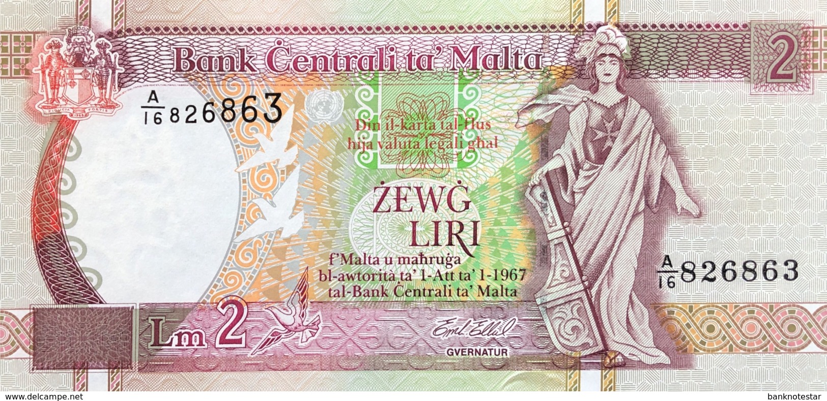 Malta 2 Liri, P-45c (1994) - UNC - Rare Emil Ellul Signature! - Malte