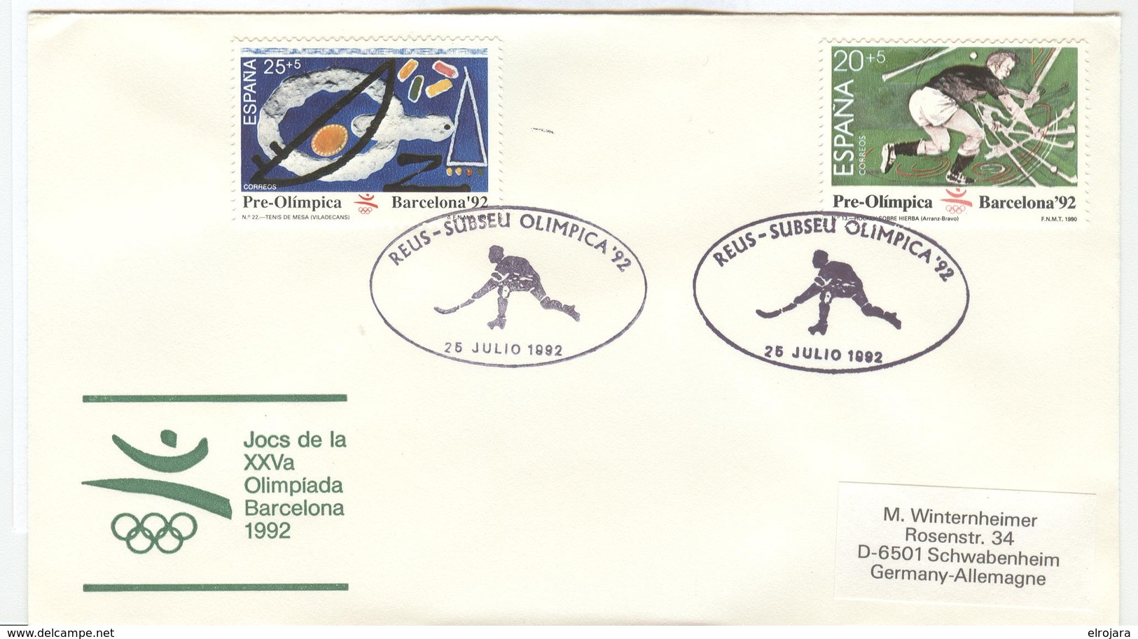 SPAIN Olympic Cover With Olympic Stamps With Olympic Handcancel Reus Roller Hockey - Summer 1992: Barcelona